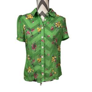 Hell Bunny Green Floral Sheer Blouse VTG Retro Rockabilly Pinup Medium